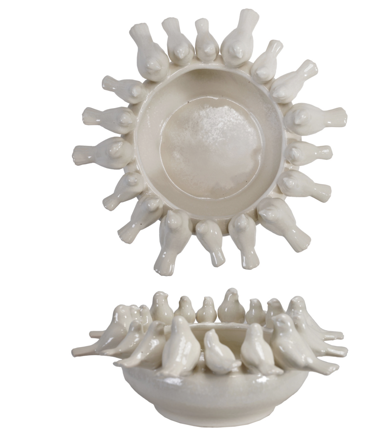 White Decorative Stoneware Bowl/Planter with 3D Birds on Rim