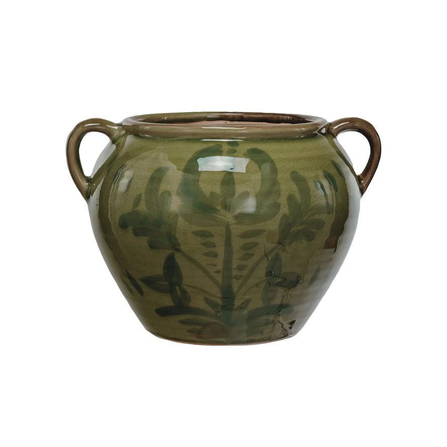 Green Hand-Painted Terracotta Urn w/ Handles