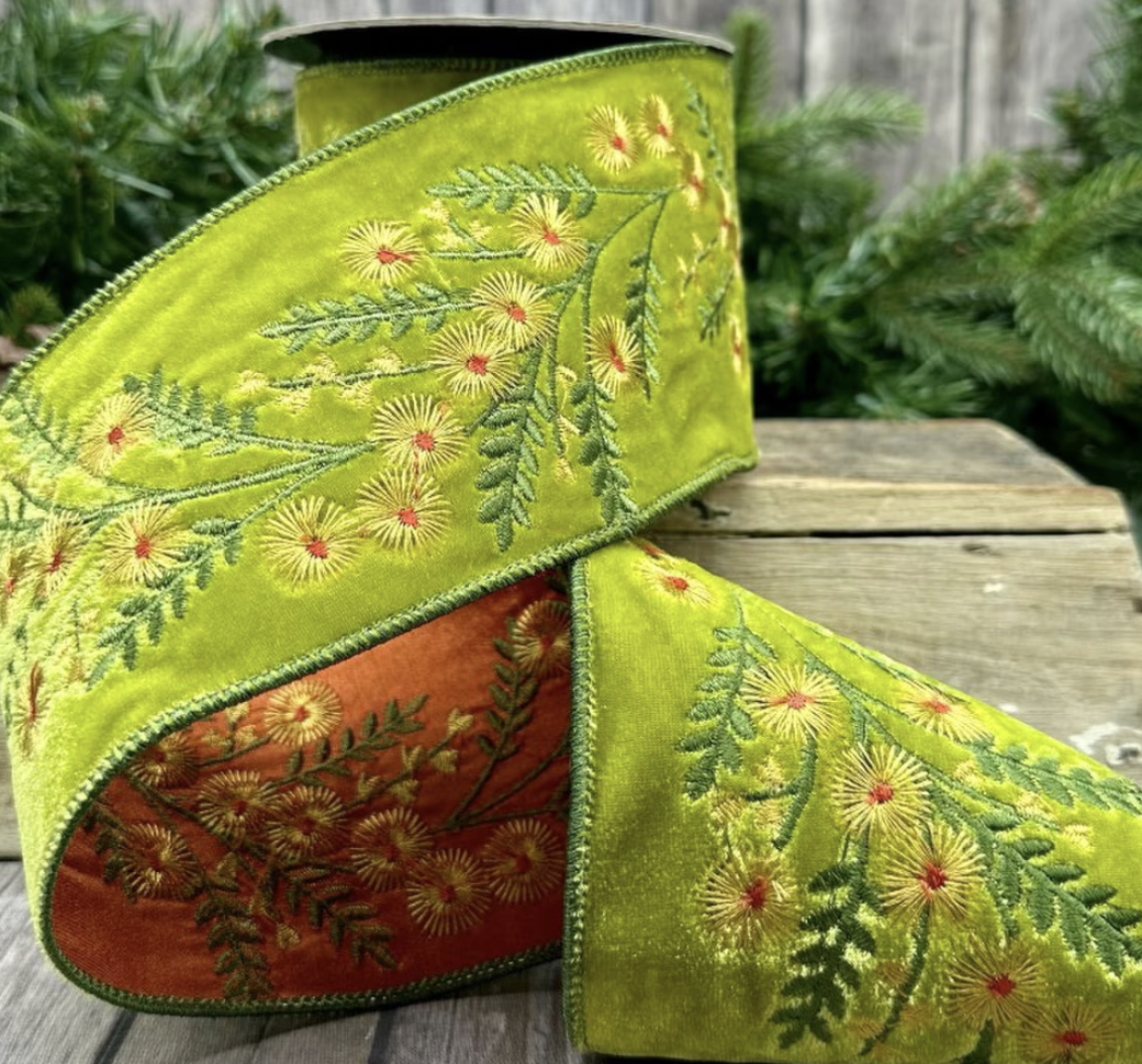 4" Faux Velvet Yellow Aster Ribbon