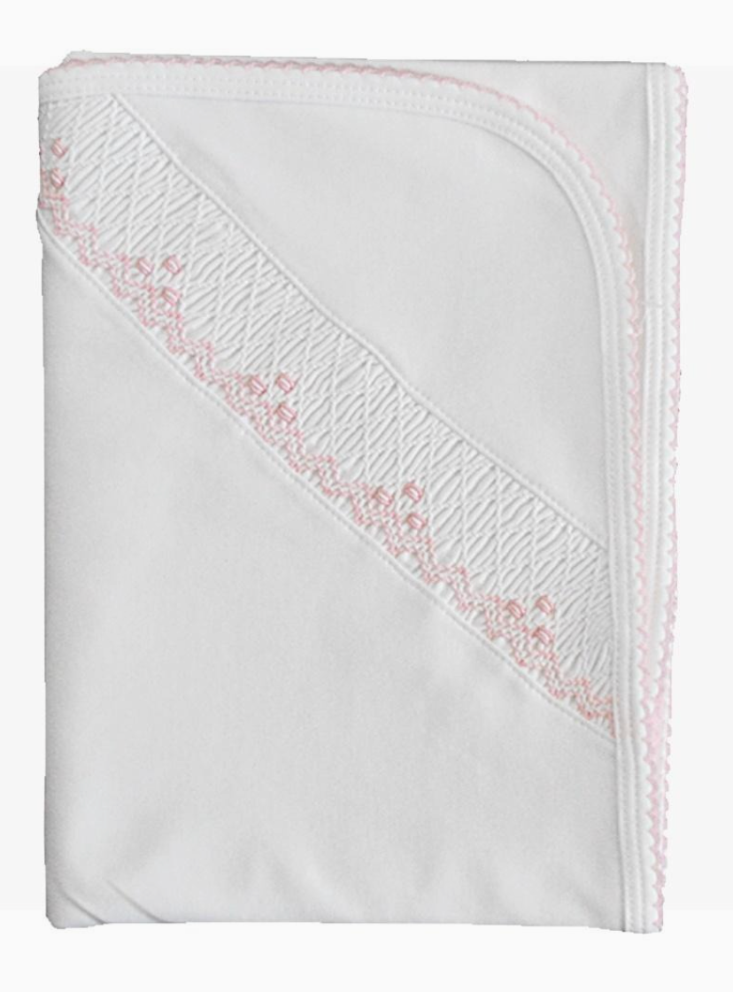 Baby Girl White Smocked Pink Picot Edge Blanket