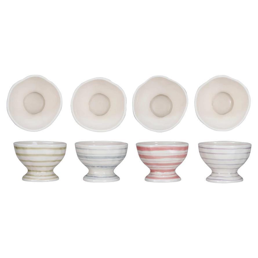 4" Round Stoneware Footed Bowl w/ Stripes