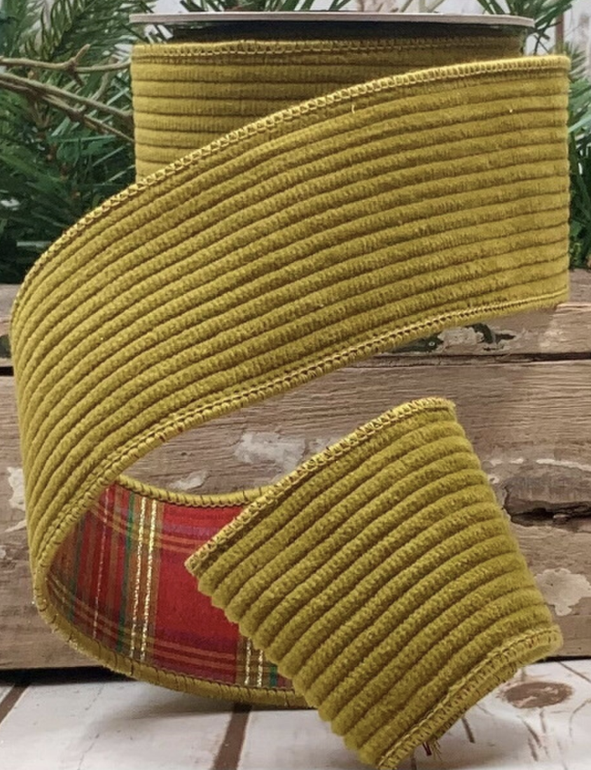 2.5" Olive Green Corduroy Plaid Back Ribbon