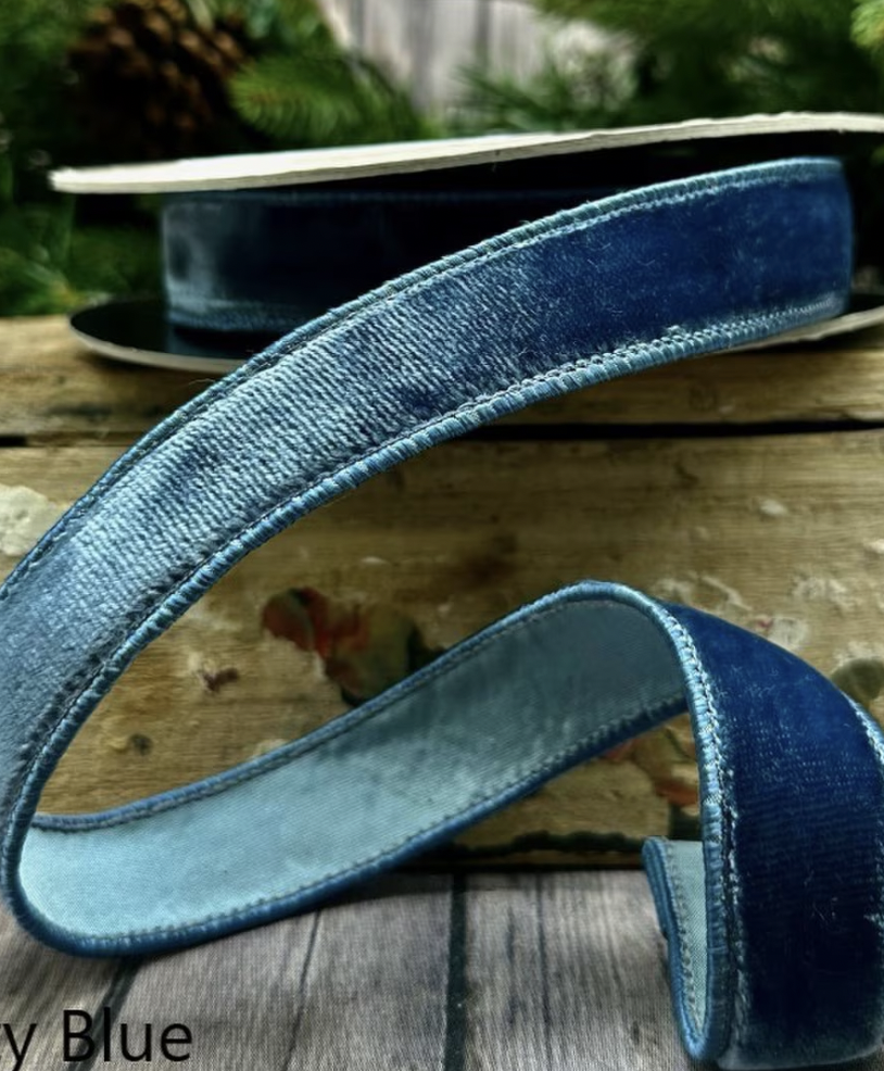 1" Dusty Blue Velvet Ribbon