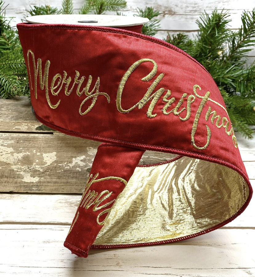 4" Red Merry Christmas Embroidered Ribbon