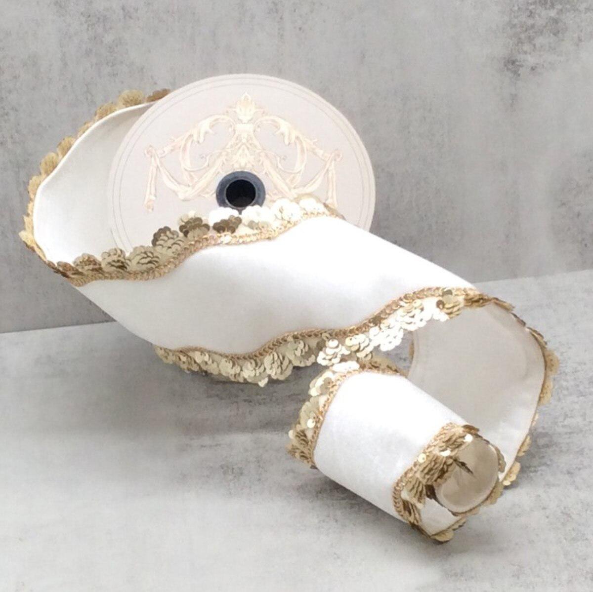 4" x 5yd velvet gold sequin wave side trim white