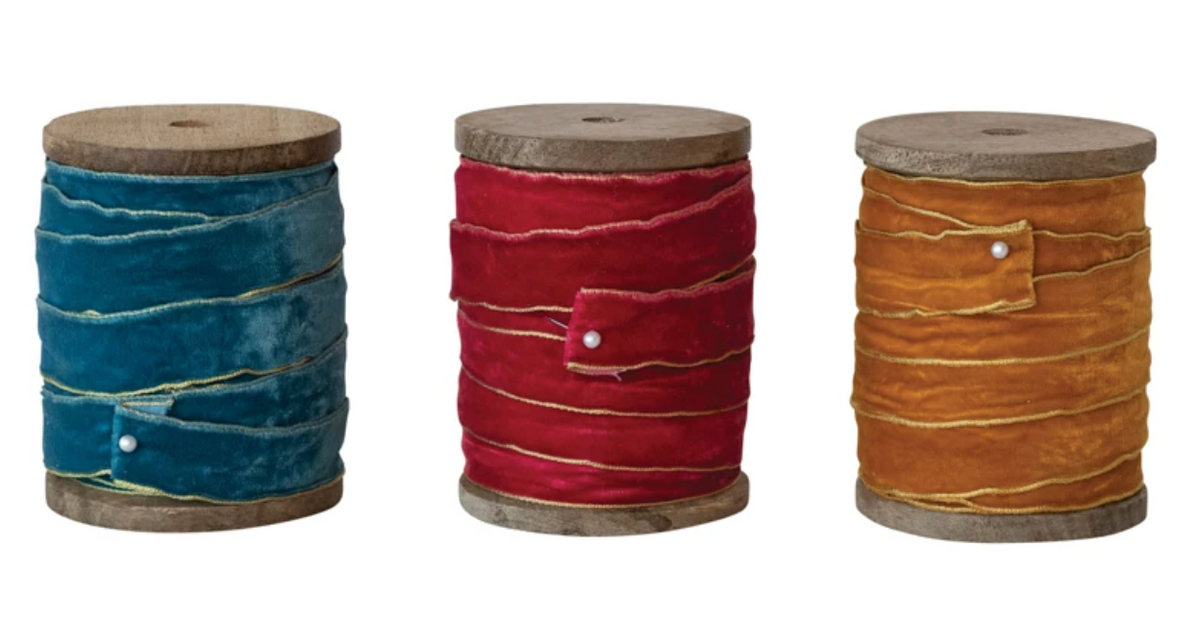 5 Yard 3/4"W Velvet Ribbon with Metallic Gold Edges on Wood Spool