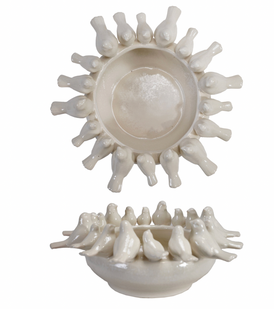 White Decorative Stoneware Bowl/Planter with 3D Birds on Rim
