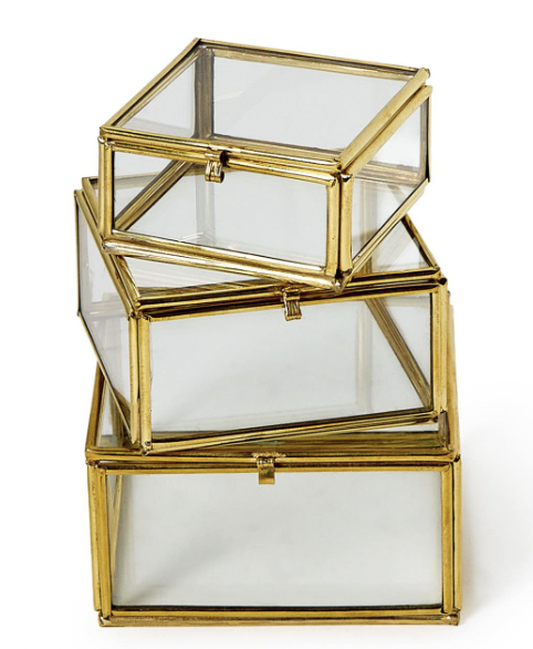 Brass and Glass Set of 3 Decorative Nesting Trinket Boxes