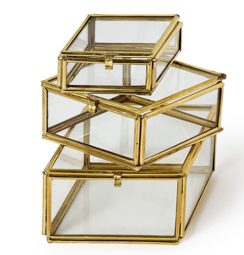 Brass and Glass Set of 3 Decorative Nesting Trinket Boxes