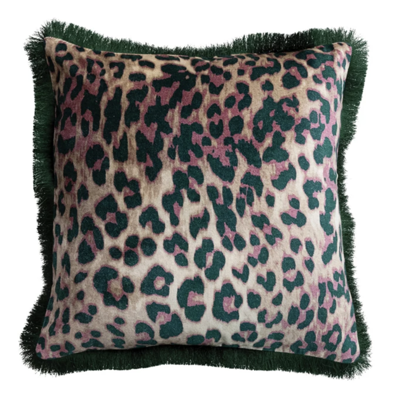 20" Square Cotton Velvet Pillow with Leopard Print Pattern & Tufted Fringe