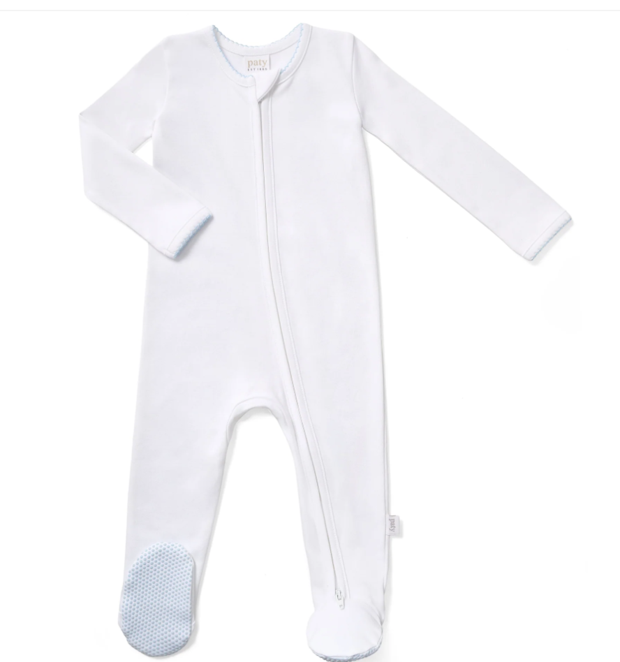 Paty Organic Cotton Zipper Footie White with Blue