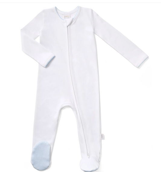 Paty Organic Cotton Zipper Footie White with Blue