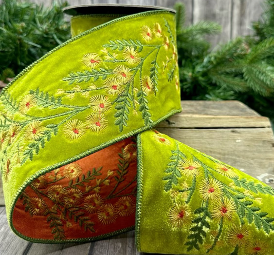 4" Faux Velvet Yellow Aster Ribbon
