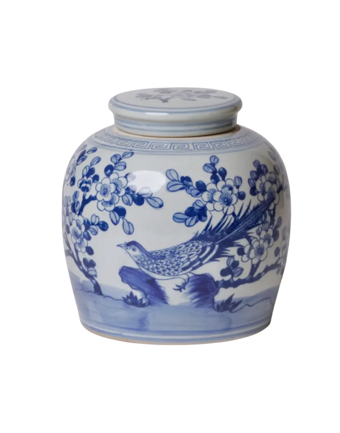 Blue and White Pheasant and Flower Ginger Jar