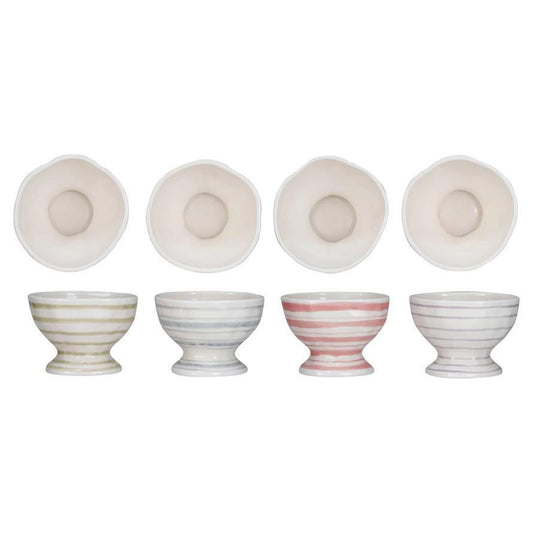 4" Round Stoneware Footed Bowl w/ Stripes