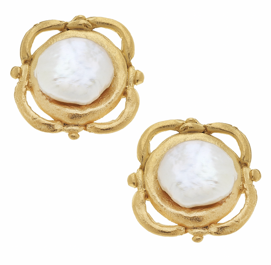 Handcast Gold & Pearl Clip Earrings