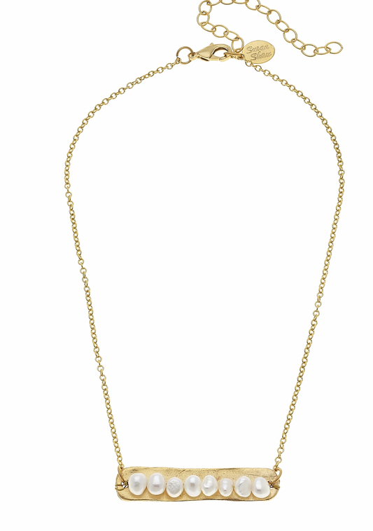 Genuine Freshwater Pearls on Handcast Gold Bar Necklace