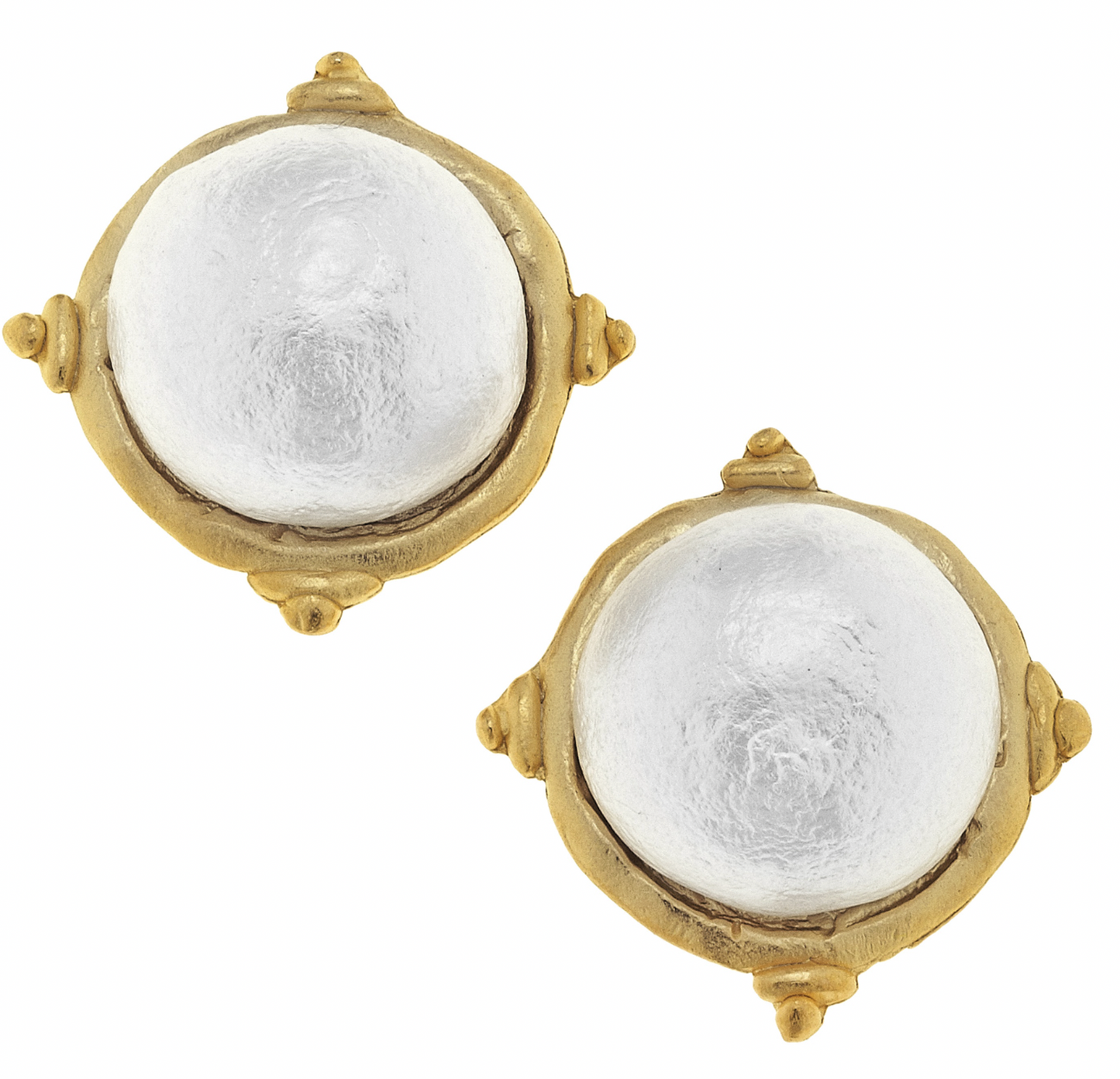 Handcast Gold and Pearl Cabochon Earrings