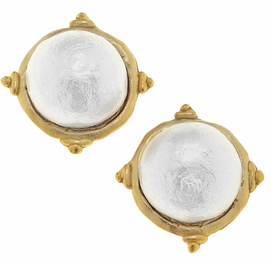 Handcast Gold and Pearl Cabochon Earrings
