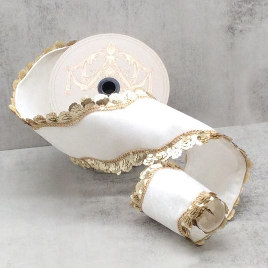 4" x 5yd velvet gold sequin wave side trim white