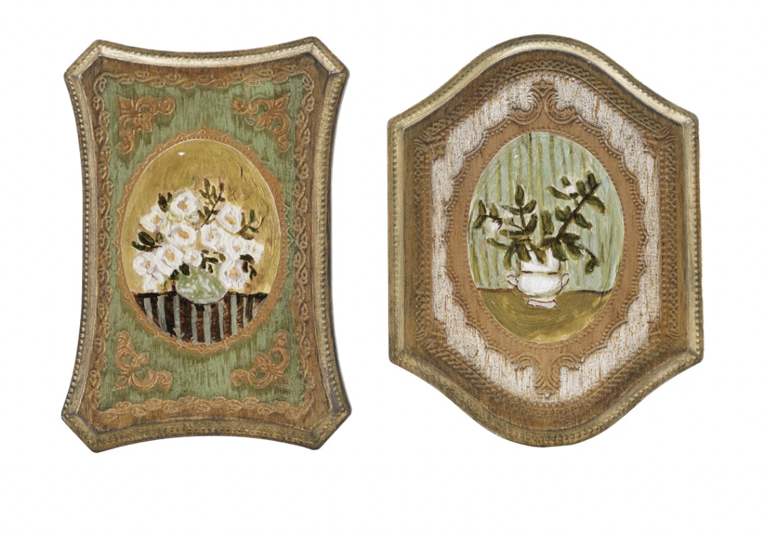 Wall Décor w/ Flowers in Vase, Antique Gold Finish & Multi Color, 2 Styles
