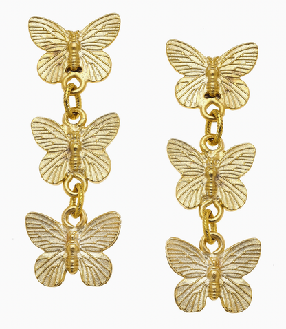 Susan Shaw Gold Post Earrings with 3 Butterfly Drop