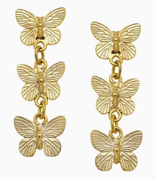 Gold Post Earrings with 3 Butterfly Drop