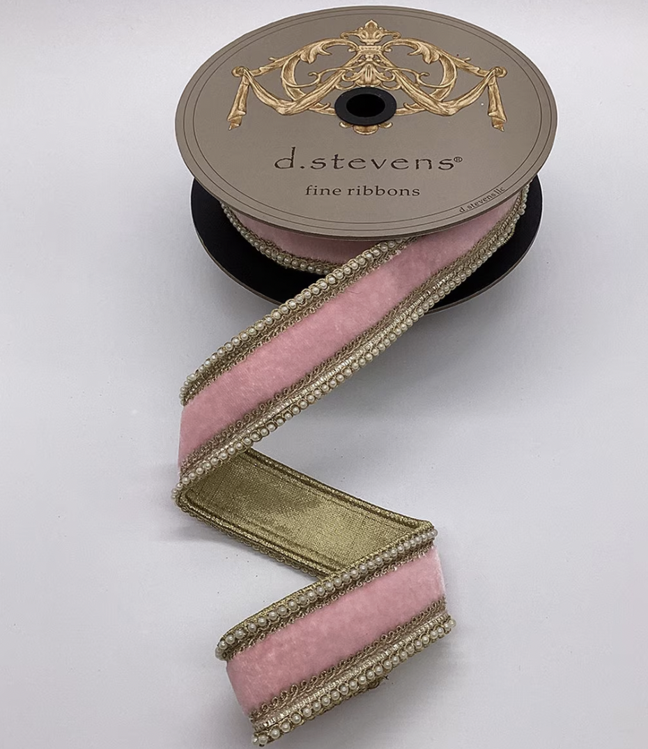 1.5" Pink Velvet with Pearls 5yd