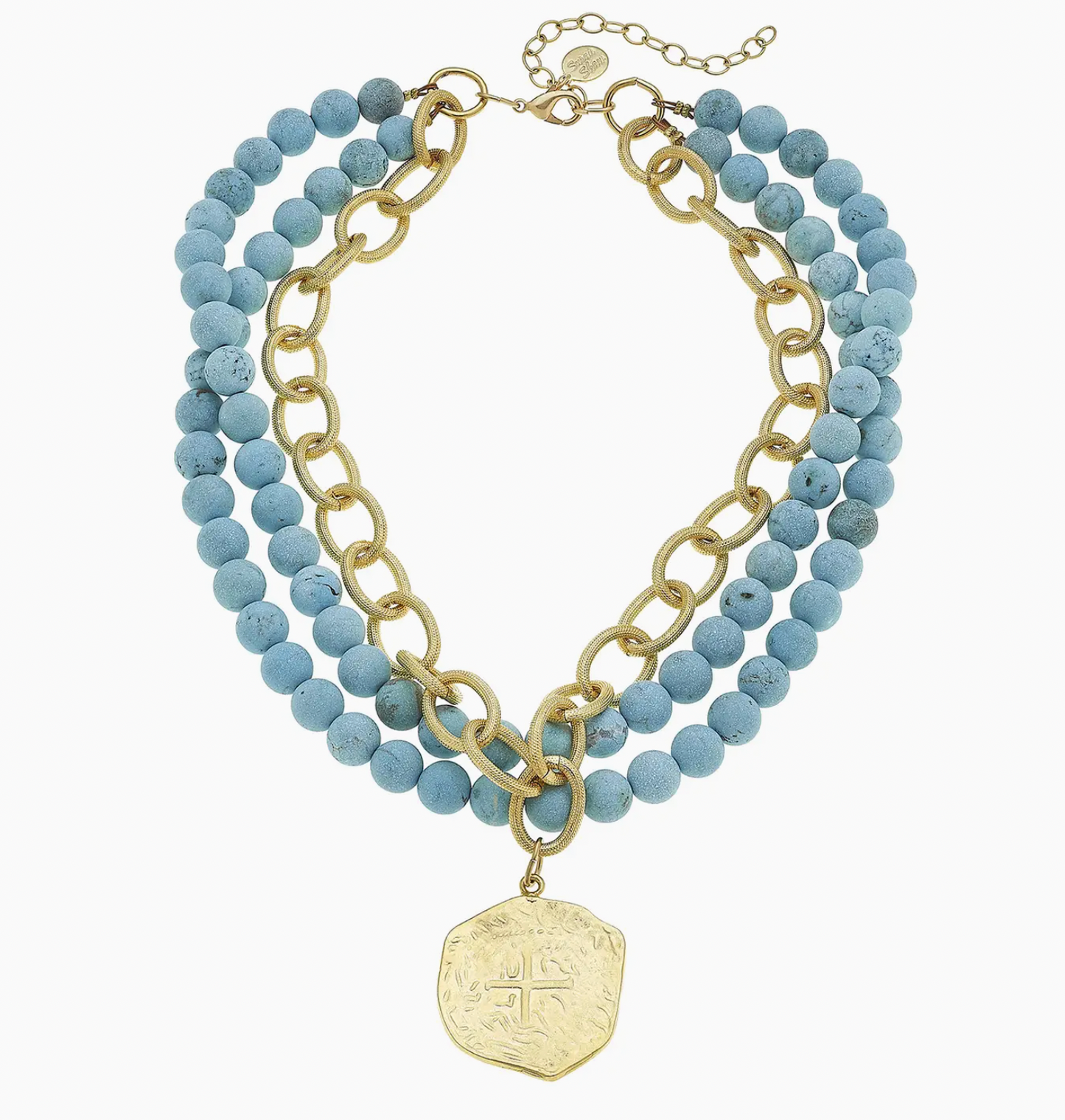 Gold Coin on 3 Row Genuine Matte Turquoise Necklace