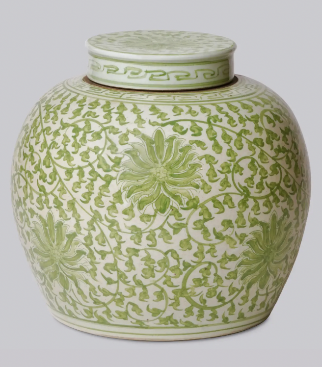 Scrolling Lotus Green and White Porcelain Jar