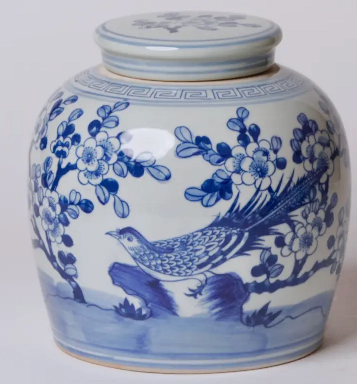 Blue and White Pheasant and Flower Ginger Jar