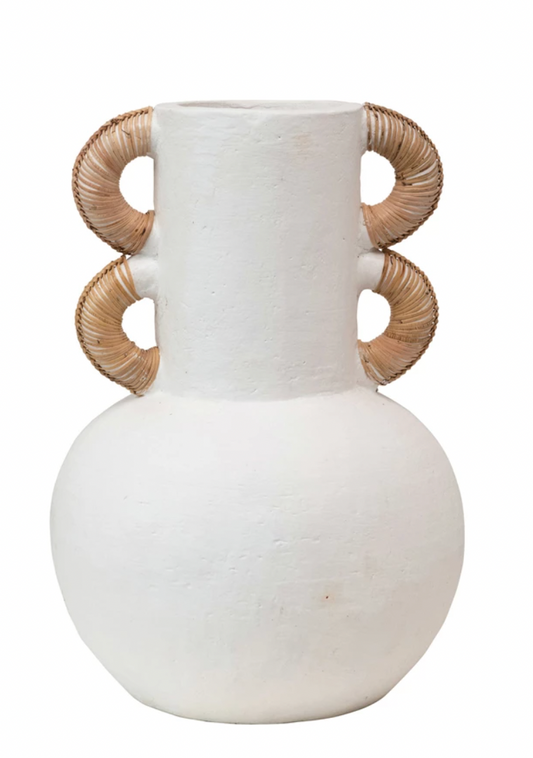 Terracotta Vase with Rattan Handles